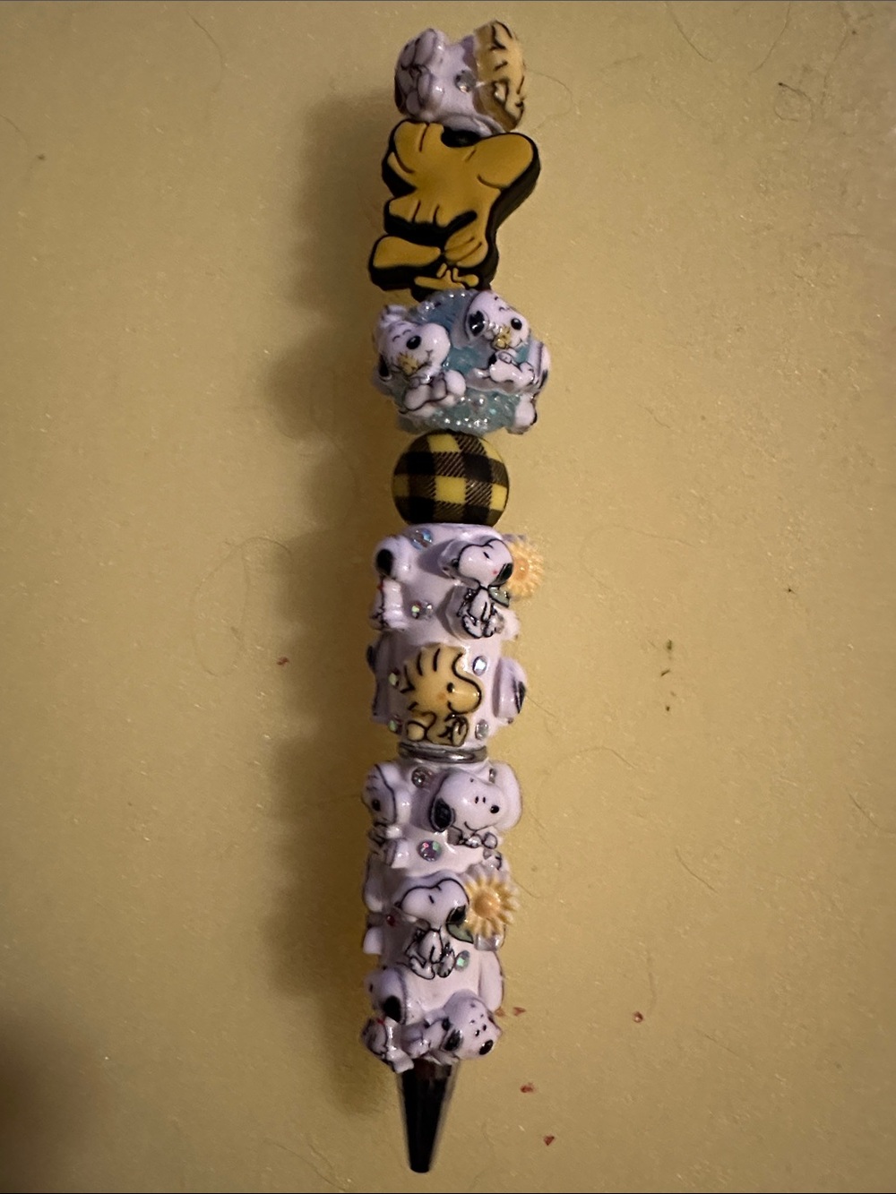 Snoopy & Woodchuck Decorative Beaded Pen - Yellow and White Handmade